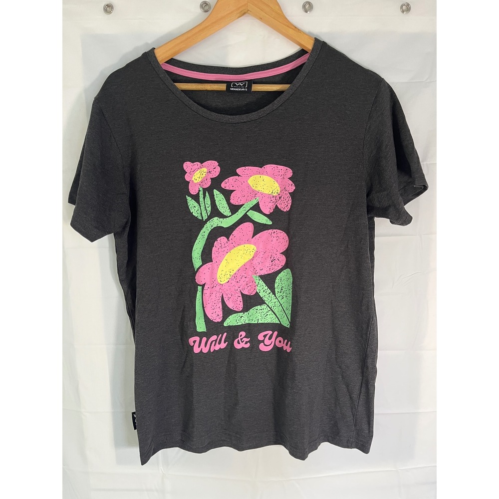 Will & You Floral Graphic Tee Charcoal Gray Pink Flowers S